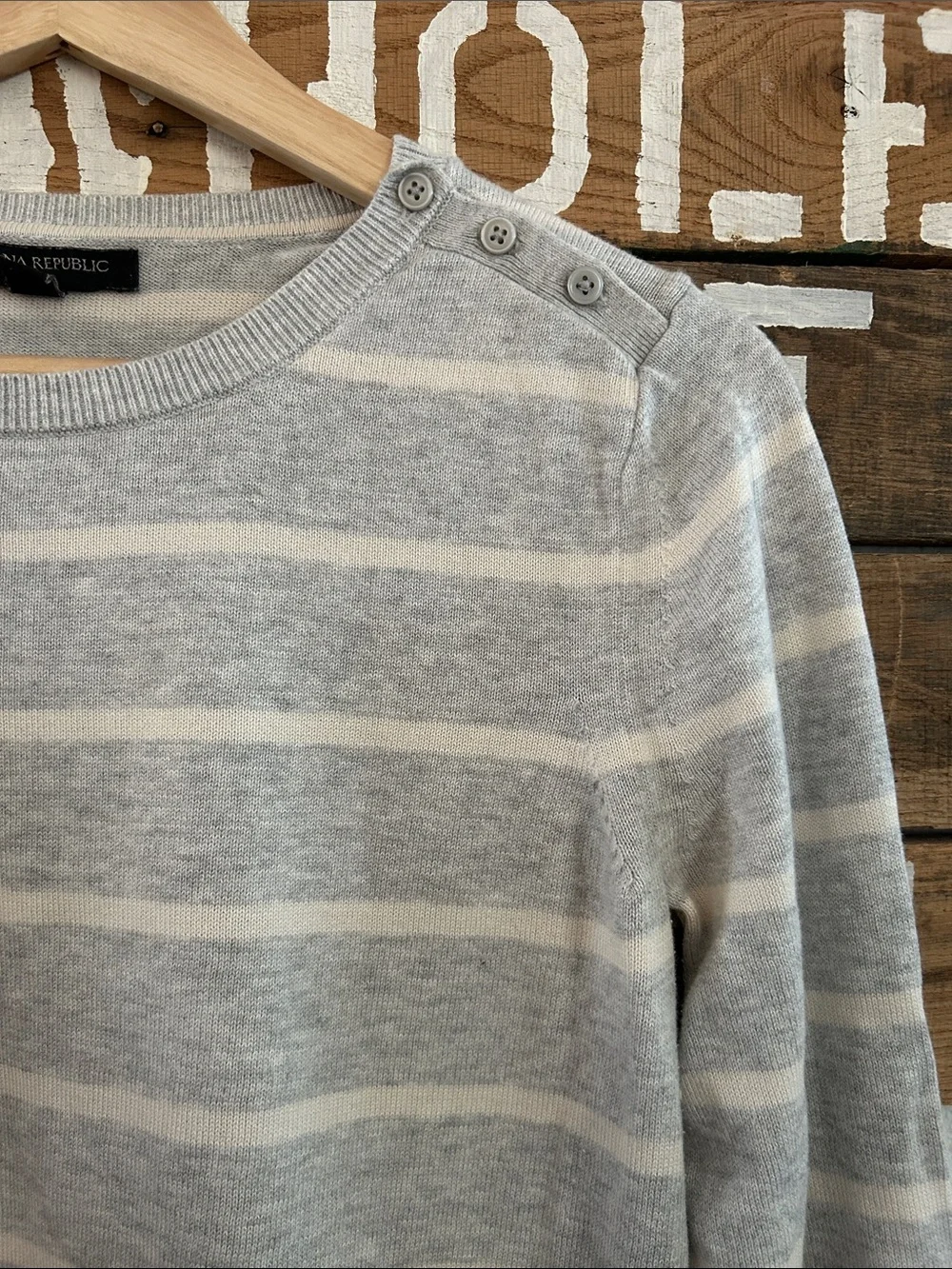Banana Republic Gray and Cream Striped Crewneck Sweater